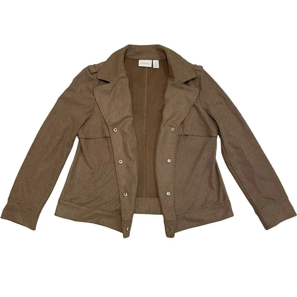 Chico’s 1 M Faux Suede Perforated Jacket | Mocha Chocolate Brown, Utility Moto